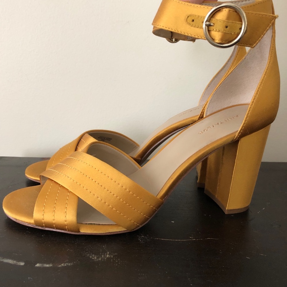 Ann Taylor golden satin block heels
